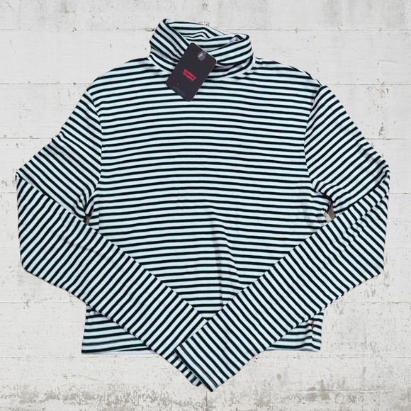 Levi's Black Blue White Striped Turtleneck Crop Rib Knit Long Sleeve Size Small - Picture 1 of 7